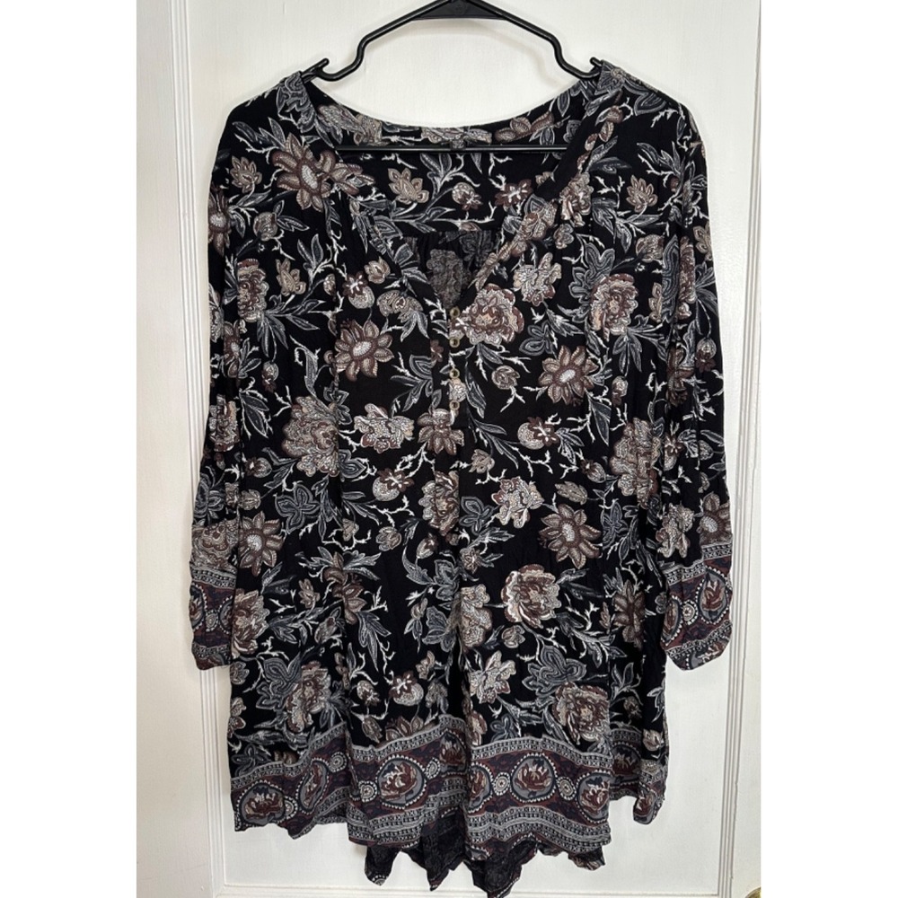 Lucky‎ Brand Size 3X Black Brown Gray Floral Henley Knit Blouse 3/4 Sleeve